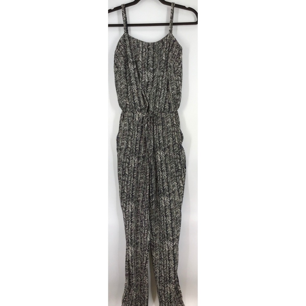 LOFT Black & White Geometric Print Wide Leg Jumpsuit Tie Waist Pockets